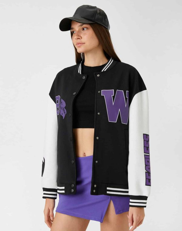 Oversize Bomber College Jacket Printed Fleece Inside – Image 3